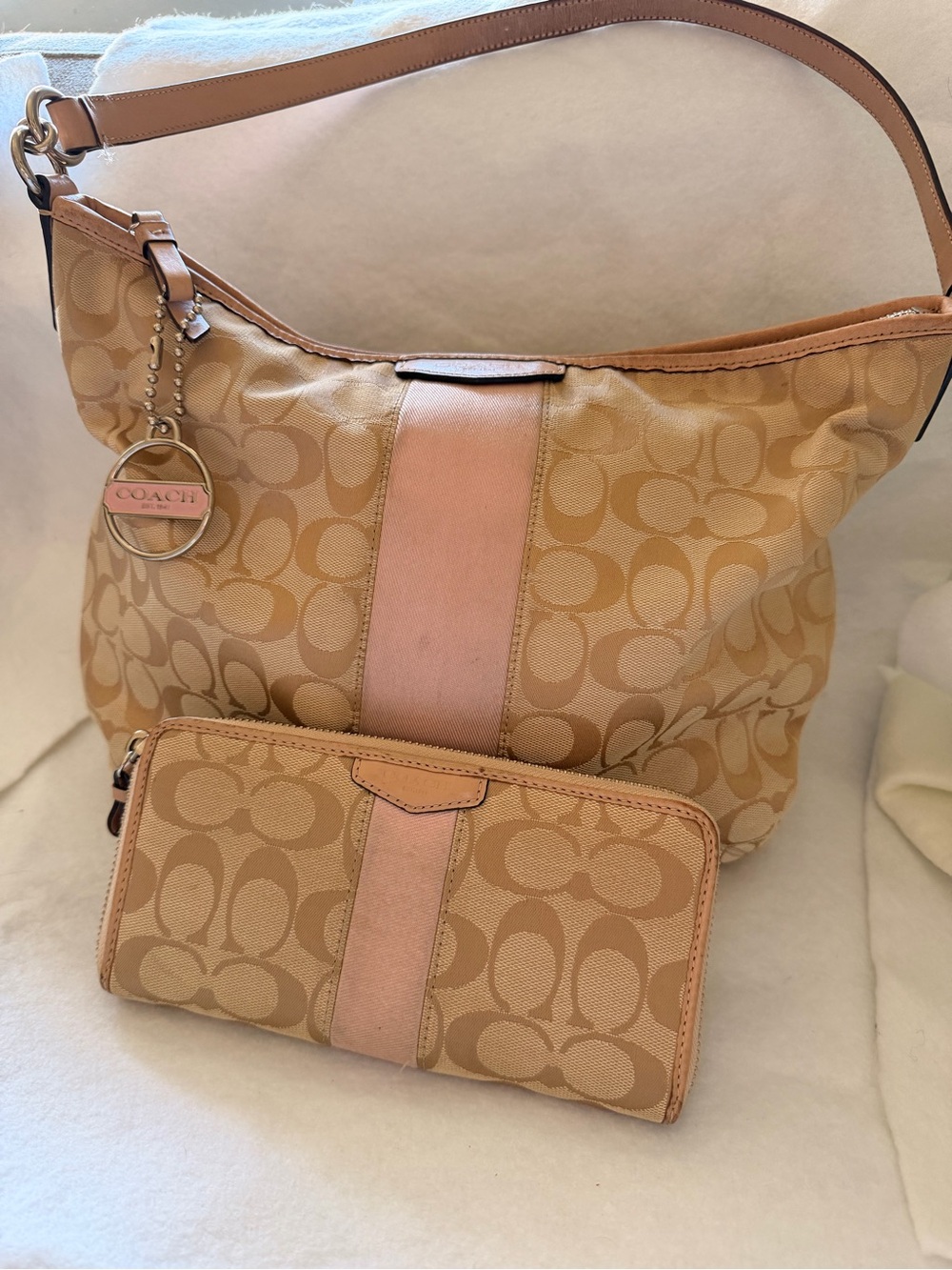 Coach Signature Khaki Pink Stripe Hobo Bag Matching Wallet with Crossbody Strap